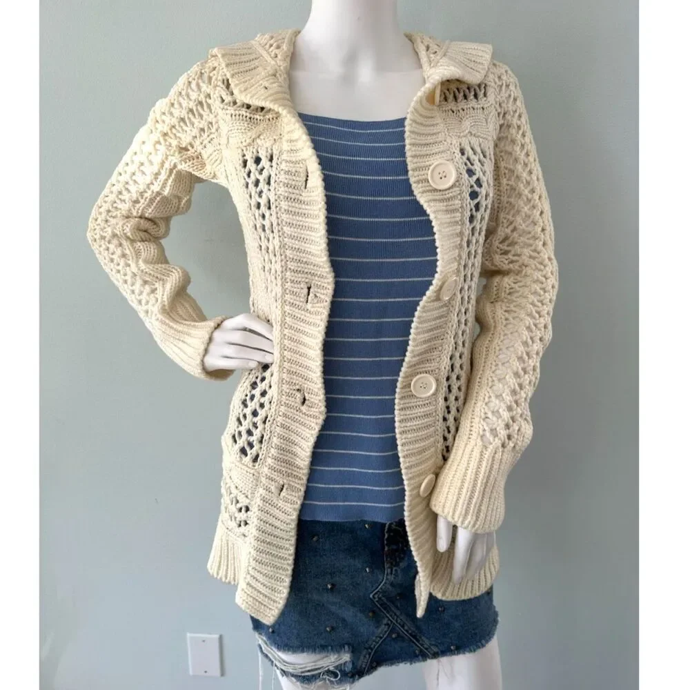 Vintage Cream Crochet Knit Cardigan Sweater Boho Chunky Button Front size Small